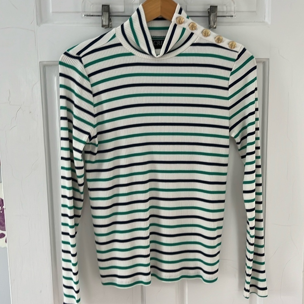 J Crew Ribbed Turtleneck Button Mock Preppy Nautical blue, green White Stripe